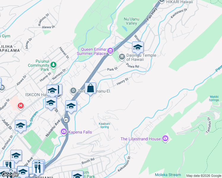 map of restaurants, bars, coffee shops, grocery stores, and more near 2633 Henry Street in Honolulu