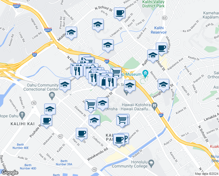 map of restaurants, bars, coffee shops, grocery stores, and more near 1742 North King Street in Honolulu