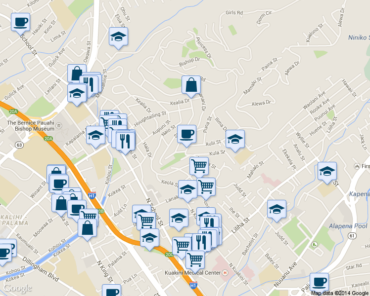 map of restaurants, bars, coffee shops, grocery stores, and more near 2009 Makanani Dr in Honolulu