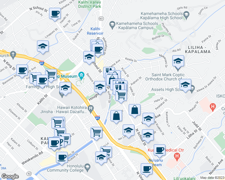 map of restaurants, bars, coffee shops, grocery stores, and more near 1329 North School Street in Honolulu