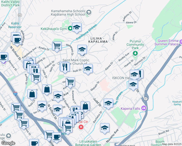 map of restaurants, bars, coffee shops, grocery stores, and more near 919 Alewa Drive in Honolulu