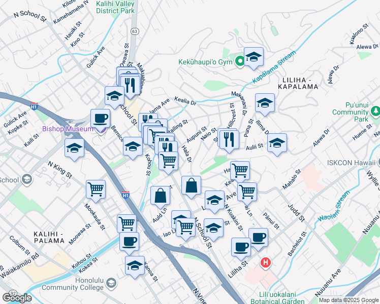map of restaurants, bars, coffee shops, grocery stores, and more near 1720 Naio Street in Honolulu