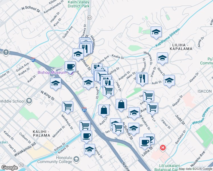 map of restaurants, bars, coffee shops, grocery stores, and more near 1631 Aupuni Street in Honolulu