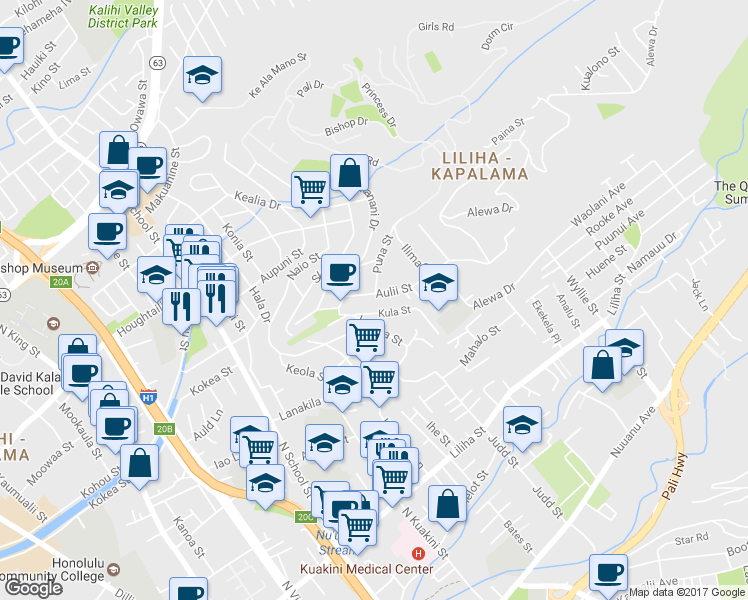 map of restaurants, bars, coffee shops, grocery stores, and more near 2139 Aulii Street in Honolulu