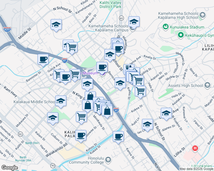 map of restaurants, bars, coffee shops, grocery stores, and more near 1268 Kapalama Avenue in Honolulu
