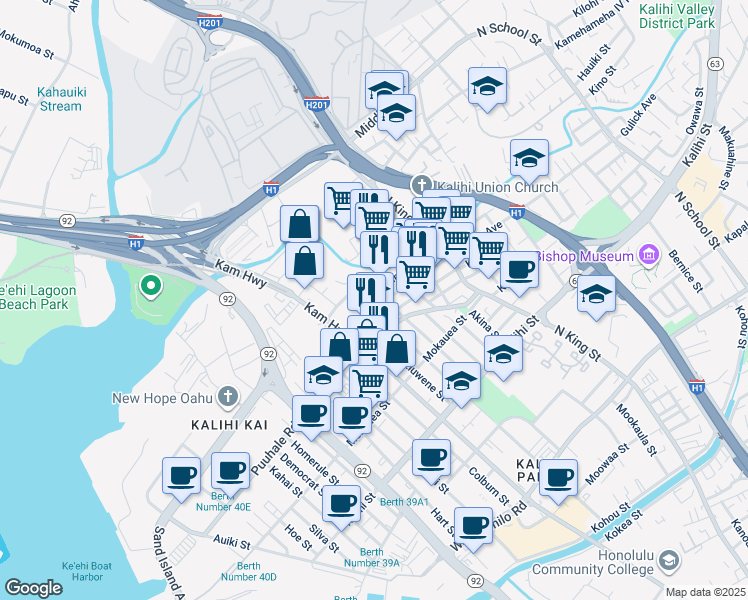 map of restaurants, bars, coffee shops, grocery stores, and more near 2142 Kaumualii St in Honolulu
