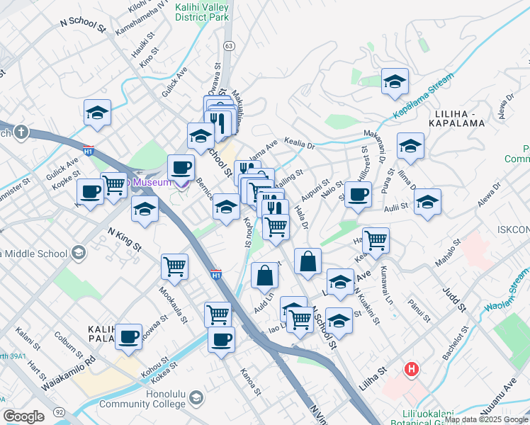 map of restaurants, bars, coffee shops, grocery stores, and more near 1315 North School Street in Honolulu