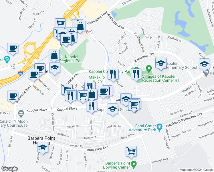 map of restaurants, bars, coffee shops, grocery stores, and more near 91-1039 Kamaaha Avenue in Kapolei