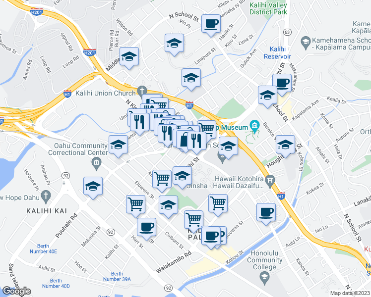 map of restaurants, bars, coffee shops, grocery stores, and more near 1818 North King Street in Honolulu