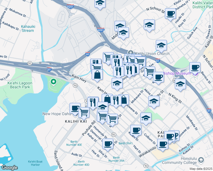 map of restaurants, bars, coffee shops, grocery stores, and more near 628 Laumaka Street in Honolulu