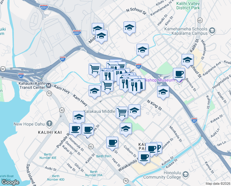map of restaurants, bars, coffee shops, grocery stores, and more near 817 Factory Street in Honolulu