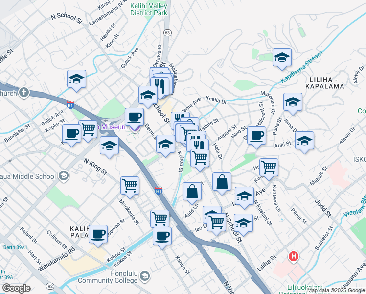 map of restaurants, bars, coffee shops, grocery stores, and more near 1315 North School Street in Honolulu