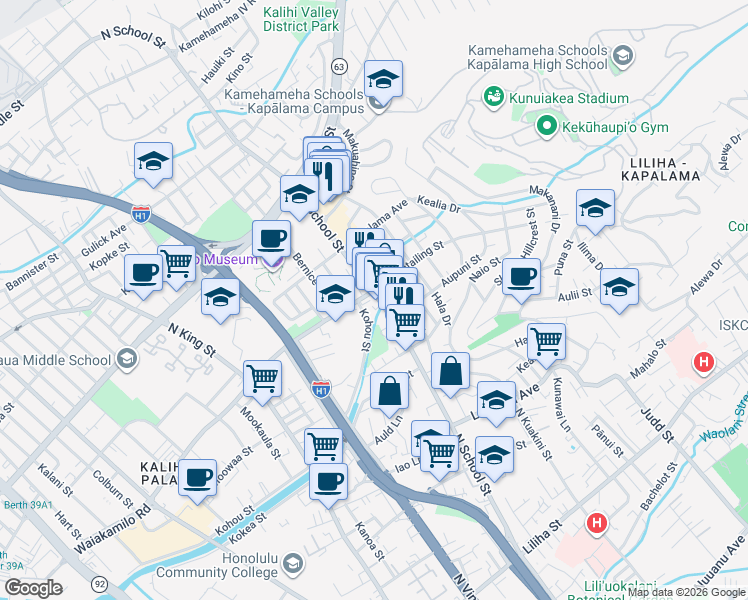 map of restaurants, bars, coffee shops, grocery stores, and more near 1315 North School Street in Honolulu