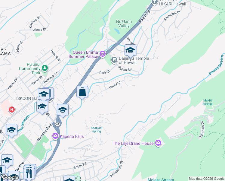 map of restaurants, bars, coffee shops, grocery stores, and more near 2745A Henry Street in Honolulu