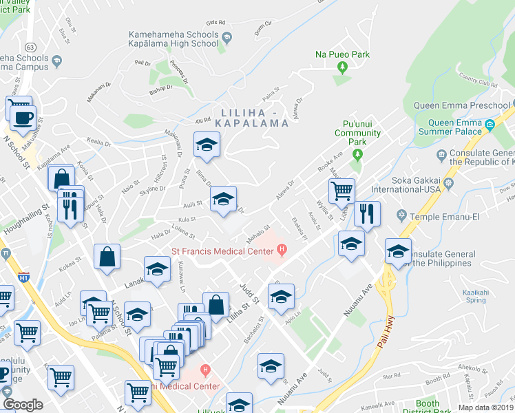 map of restaurants, bars, coffee shops, grocery stores, and more near 846 Alewa Drive in Honolulu