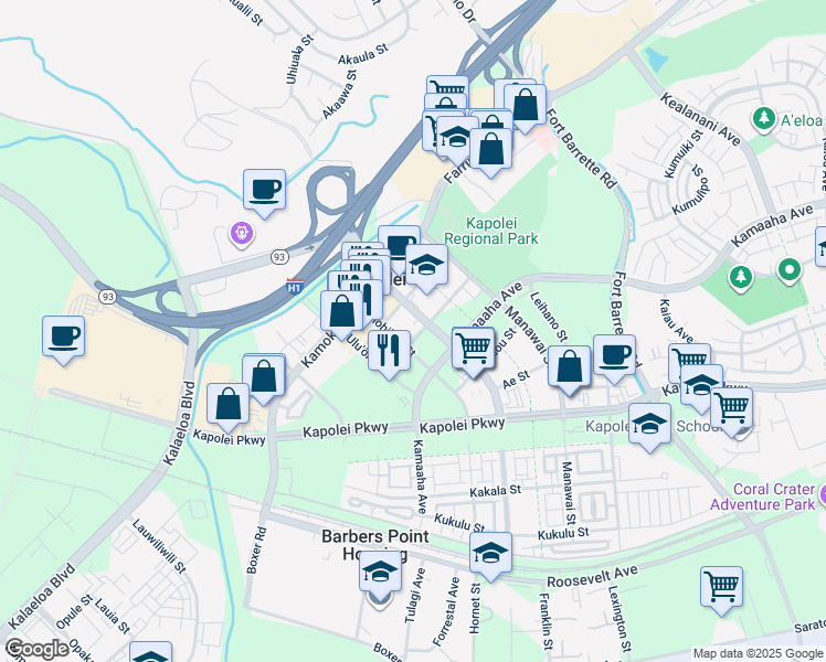 map of restaurants, bars, coffee shops, grocery stores, and more near 1055 Alohikea Street in Kapolei