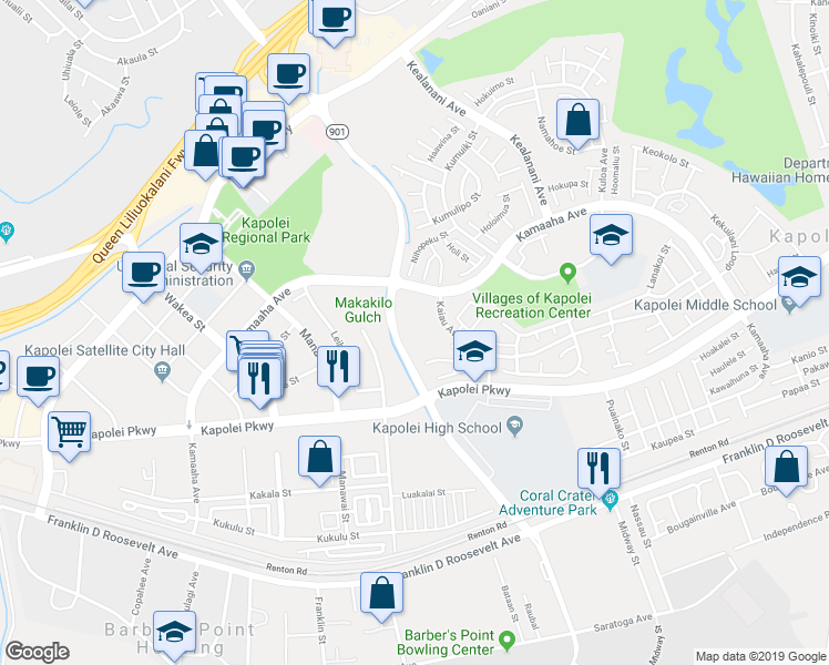 map of restaurants, bars, coffee shops, grocery stores, and more near 91-222 Pilipiliula Place in Kapolei