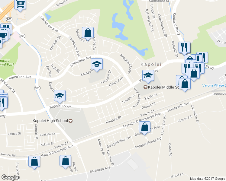 map of restaurants, bars, coffee shops, grocery stores, and more near 91-1030 Halana Street in Kapolei