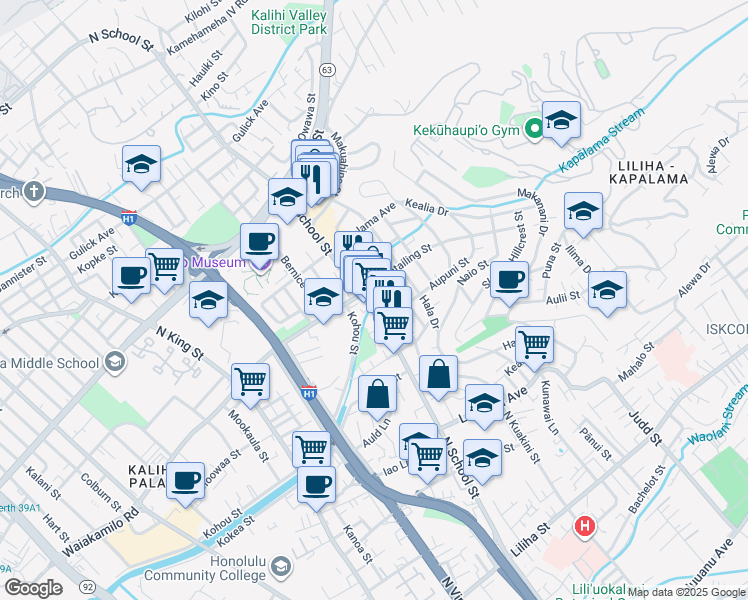 map of restaurants, bars, coffee shops, grocery stores, and more near 1315 North School Street in Honolulu