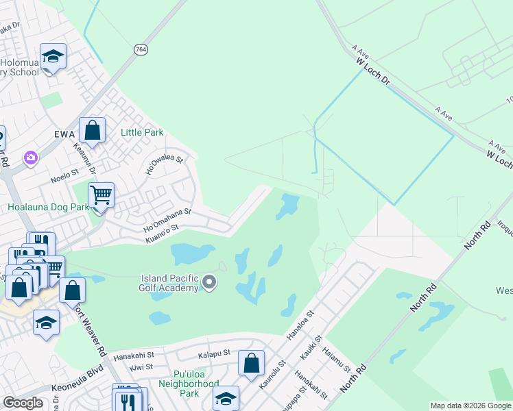 map of restaurants, bars, coffee shops, grocery stores, and more near 91-1329 Kuano'o Street in Ewa Beach
