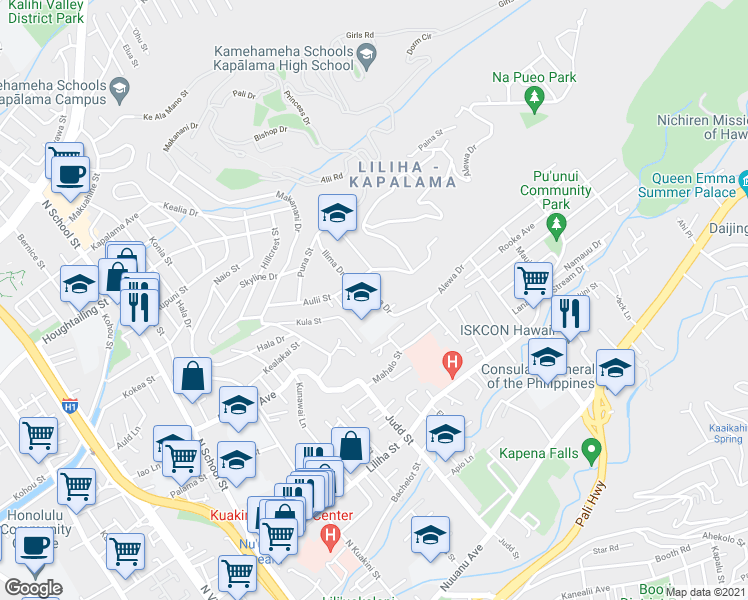 map of restaurants, bars, coffee shops, grocery stores, and more near 919 Alewa Drive in Honolulu