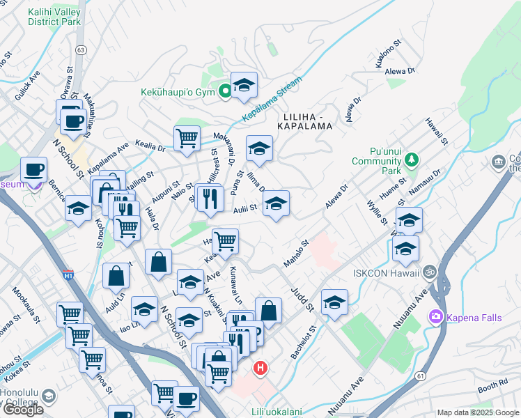 map of restaurants, bars, coffee shops, grocery stores, and more near 2080 Kula Street in Honolulu