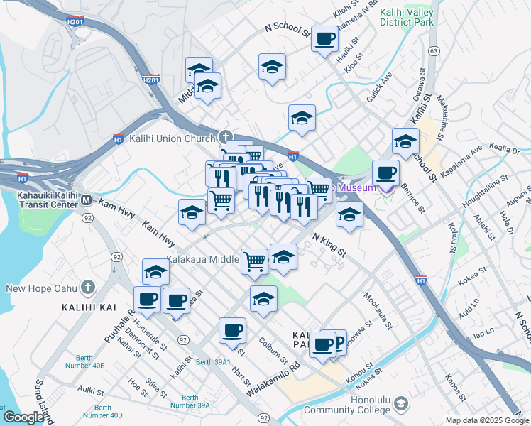 map of restaurants, bars, coffee shops, grocery stores, and more near North King Street in Honolulu