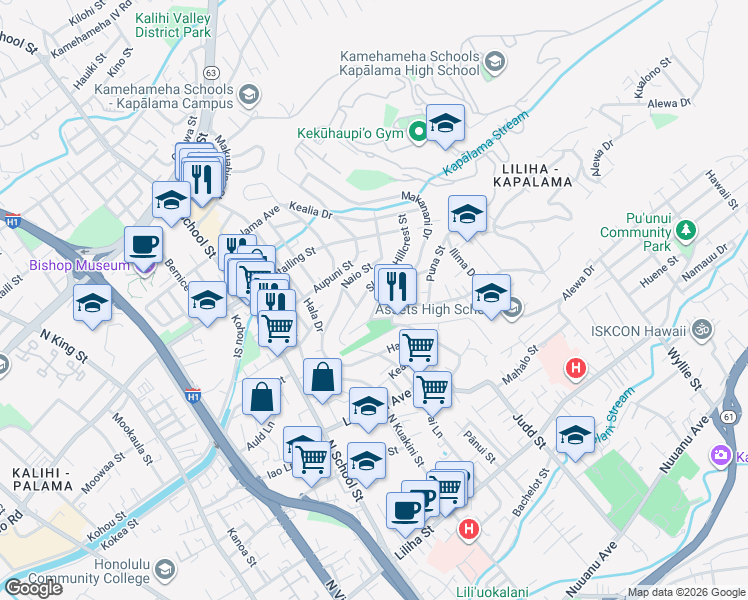 map of restaurants, bars, coffee shops, grocery stores, and more near 2027 Hillcrest Street in Honolulu