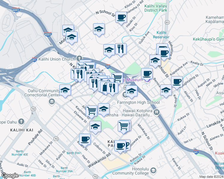 map of restaurants, bars, coffee shops, grocery stores, and more near 1022 Hawaii 63 in Honolulu