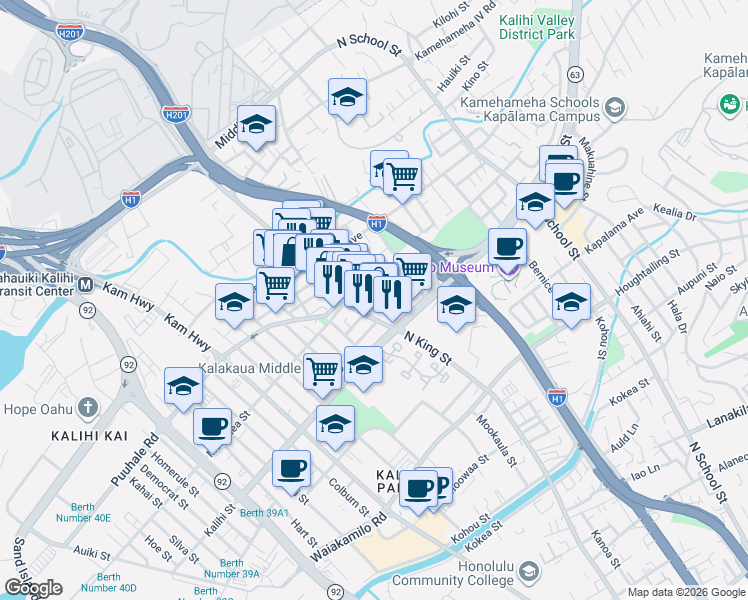 map of restaurants, bars, coffee shops, grocery stores, and more near 1818 North King Street in Honolulu