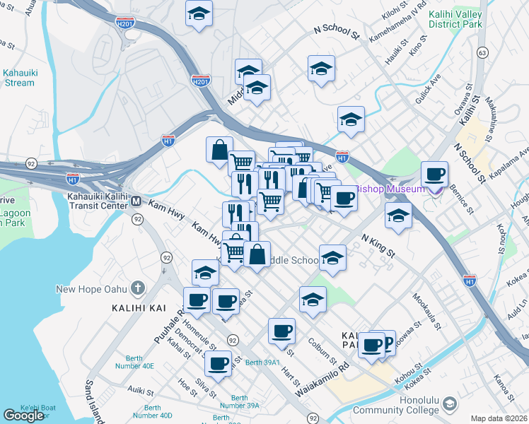 map of restaurants, bars, coffee shops, grocery stores, and more near 735 Kopke Street in Honolulu