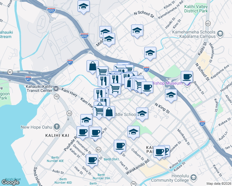 map of restaurants, bars, coffee shops, grocery stores, and more near 735 Kopke Street in Honolulu