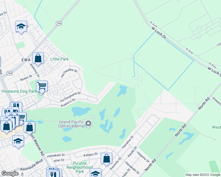 map of restaurants, bars, coffee shops, grocery stores, and more near 91-1329 Kuano'o Street in Ewa Beach