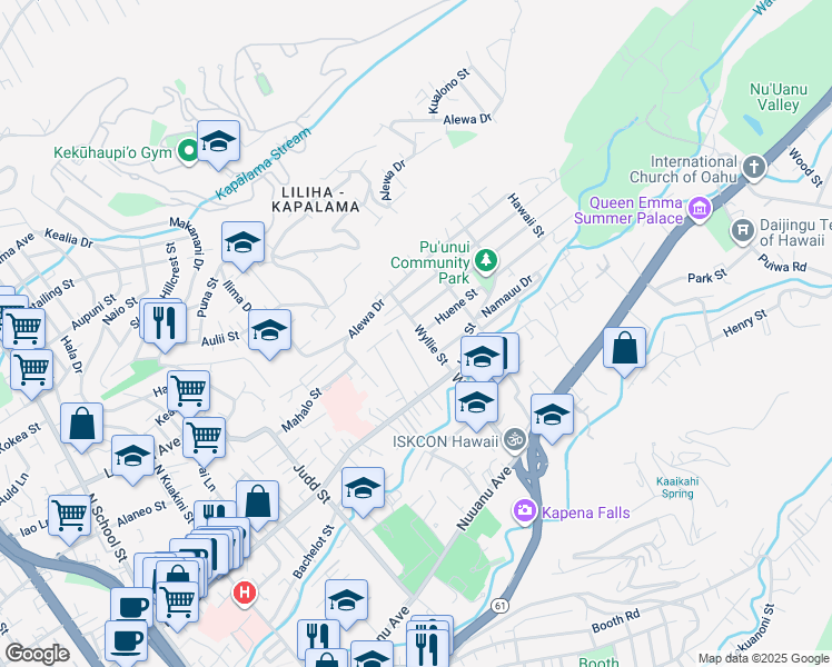 map of restaurants, bars, coffee shops, grocery stores, and more near 609 Wyllie Street in Honolulu