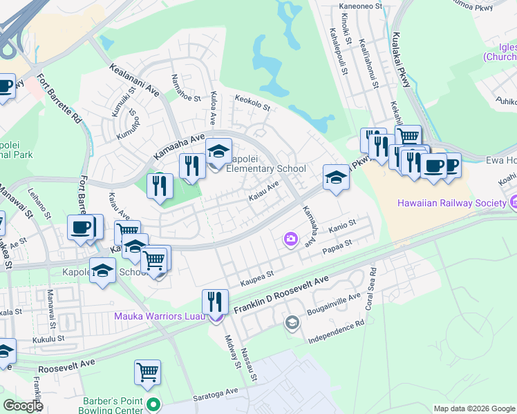 map of restaurants, bars, coffee shops, grocery stores, and more near 91-1032 Aukahi Street in Kapolei