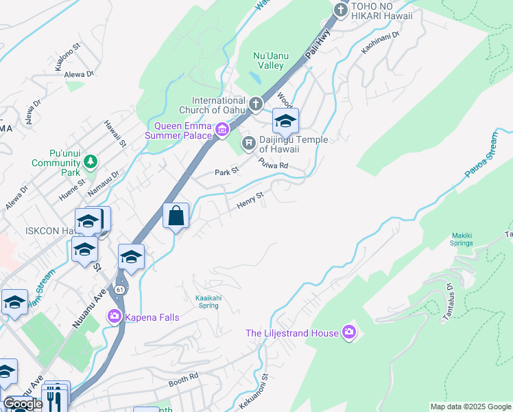 map of restaurants, bars, coffee shops, grocery stores, and more near 2745A Henry Street in Honolulu