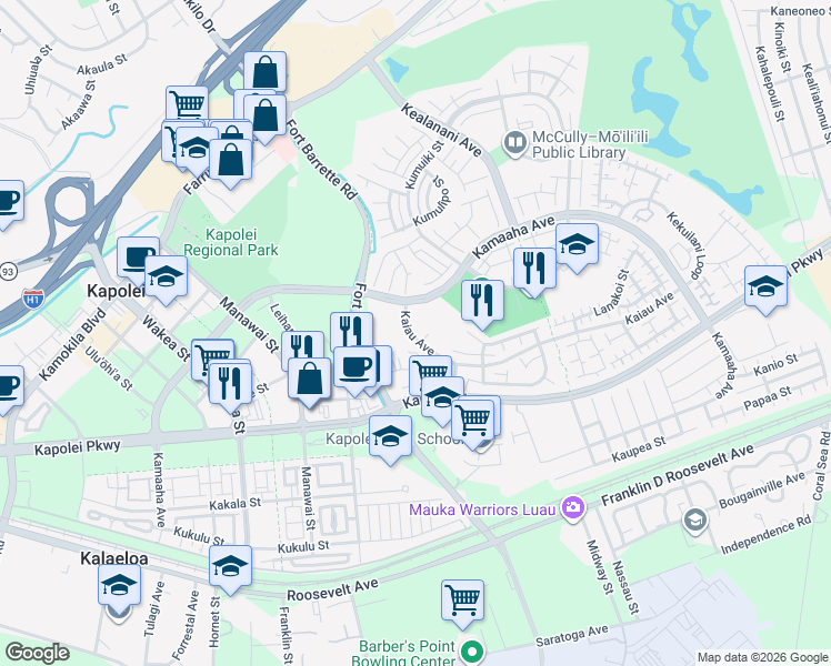 map of restaurants, bars, coffee shops, grocery stores, and more near 91-222 Pilipiliula Place in Kapolei