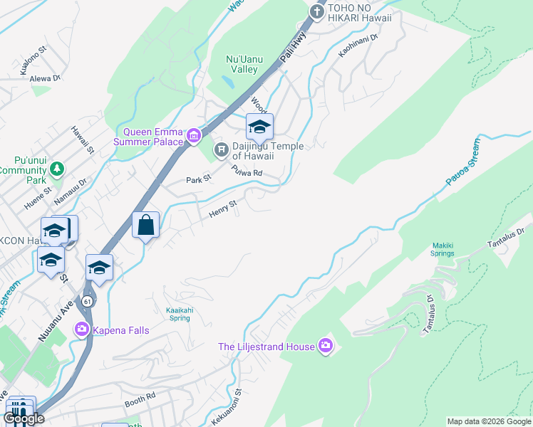 map of restaurants, bars, coffee shops, grocery stores, and more near 388 Puiwa Road in Honolulu