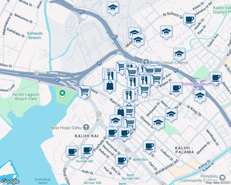 map of restaurants, bars, coffee shops, grocery stores, and more near 629 Bannister Street in Honolulu