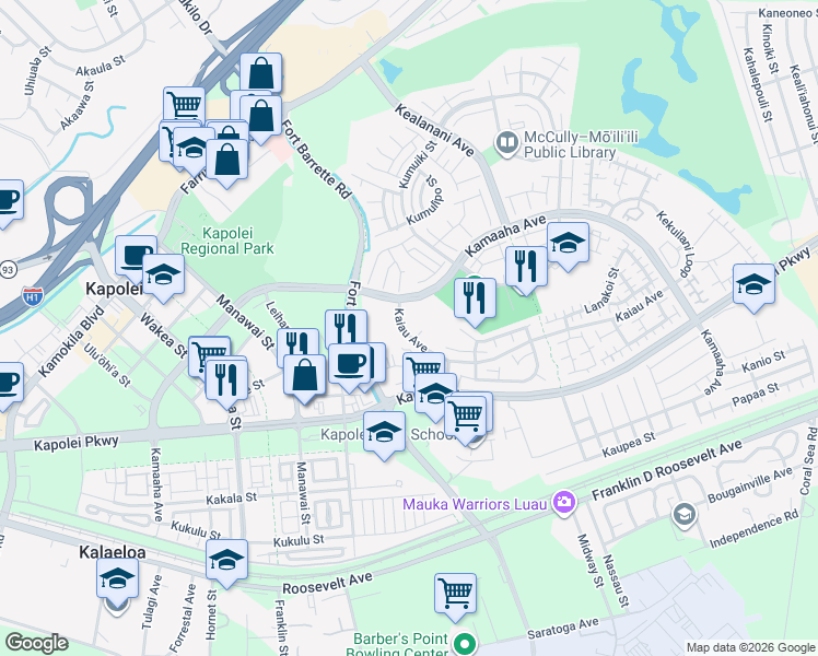 map of restaurants, bars, coffee shops, grocery stores, and more near 91-1015 Kamaaha Avenue in Kapolei