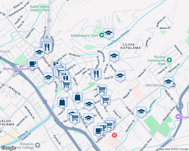 map of restaurants, bars, coffee shops, grocery stores, and more near 2004 Skyline Drive in Honolulu