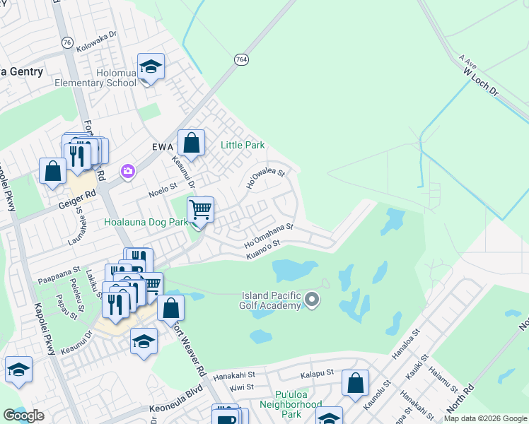 map of restaurants, bars, coffee shops, grocery stores, and more near 91-1038 Ho'Omana'O Street in Ewa Beach
