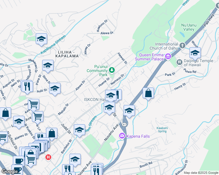 map of restaurants, bars, coffee shops, grocery stores, and more near 525 Maui Street in Honolulu