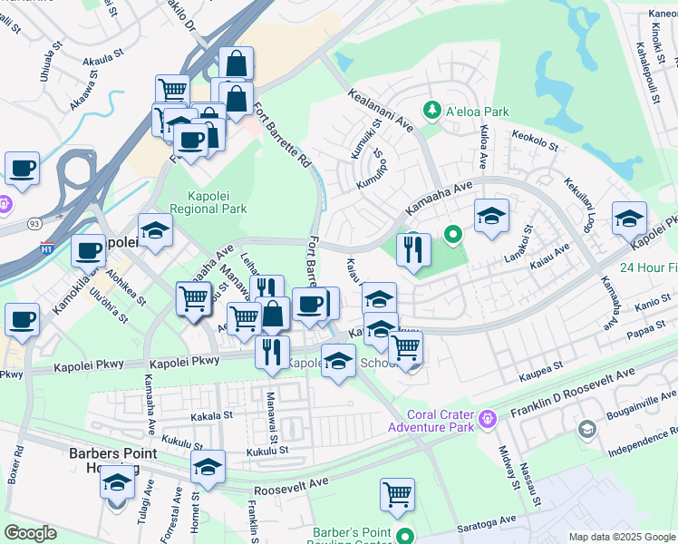 map of restaurants, bars, coffee shops, grocery stores, and more near 91-1021 Kamaaha Avenue in Kapolei