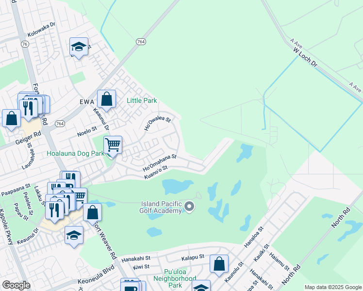 map of restaurants, bars, coffee shops, grocery stores, and more near 91-1173 Hoowalea Street in Ewa Beach