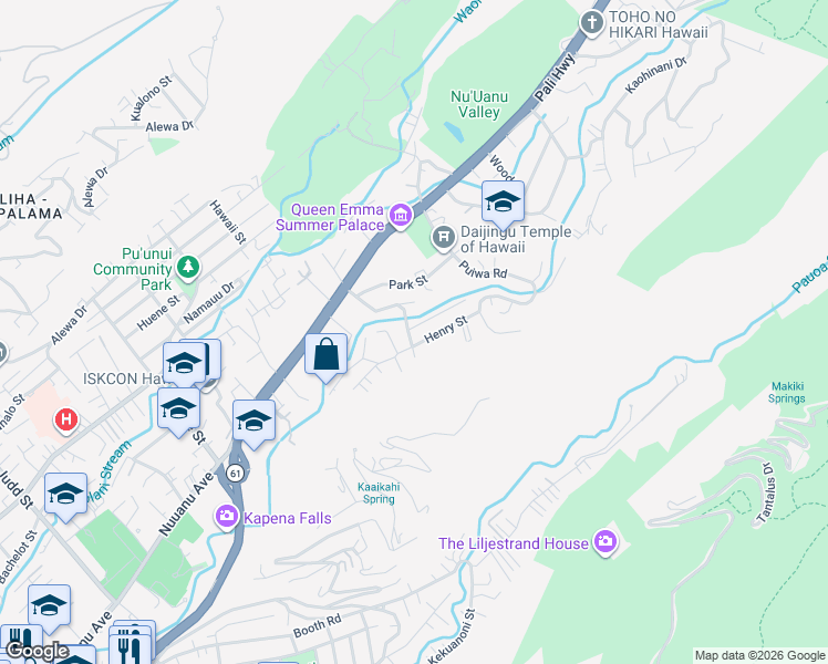 map of restaurants, bars, coffee shops, grocery stores, and more near 124 Laimi Road in Honolulu