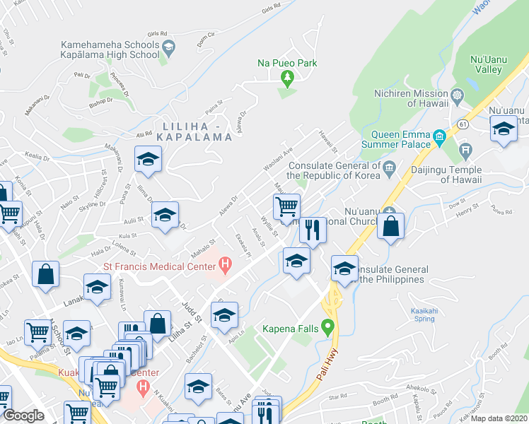 map of restaurants, bars, coffee shops, grocery stores, and more near 636 Wyllie Street in Honolulu