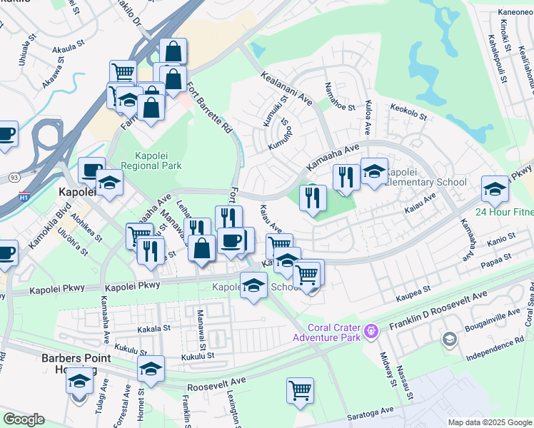 map of restaurants, bars, coffee shops, grocery stores, and more near 91-1015 Kamaaha Avenue in Kapolei