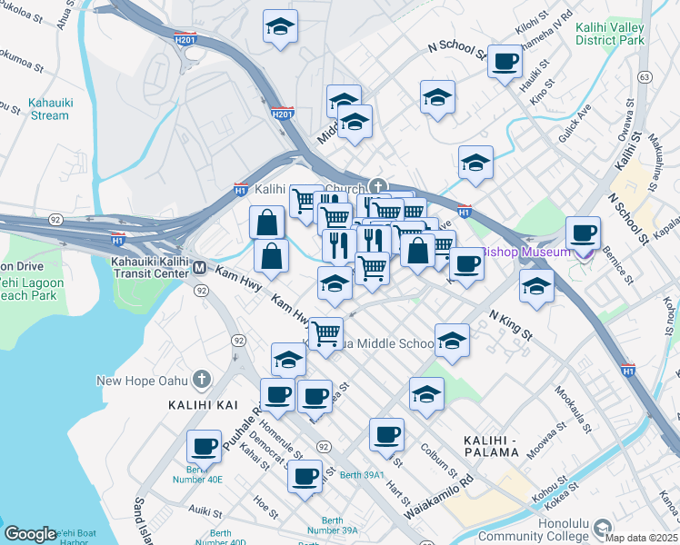 map of restaurants, bars, coffee shops, grocery stores, and more near 2127 Bannister Place in Honolulu