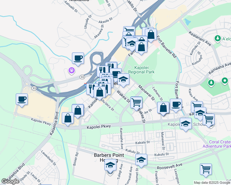 map of restaurants, bars, coffee shops, grocery stores, and more near 1020 Wakea Street in Kapolei